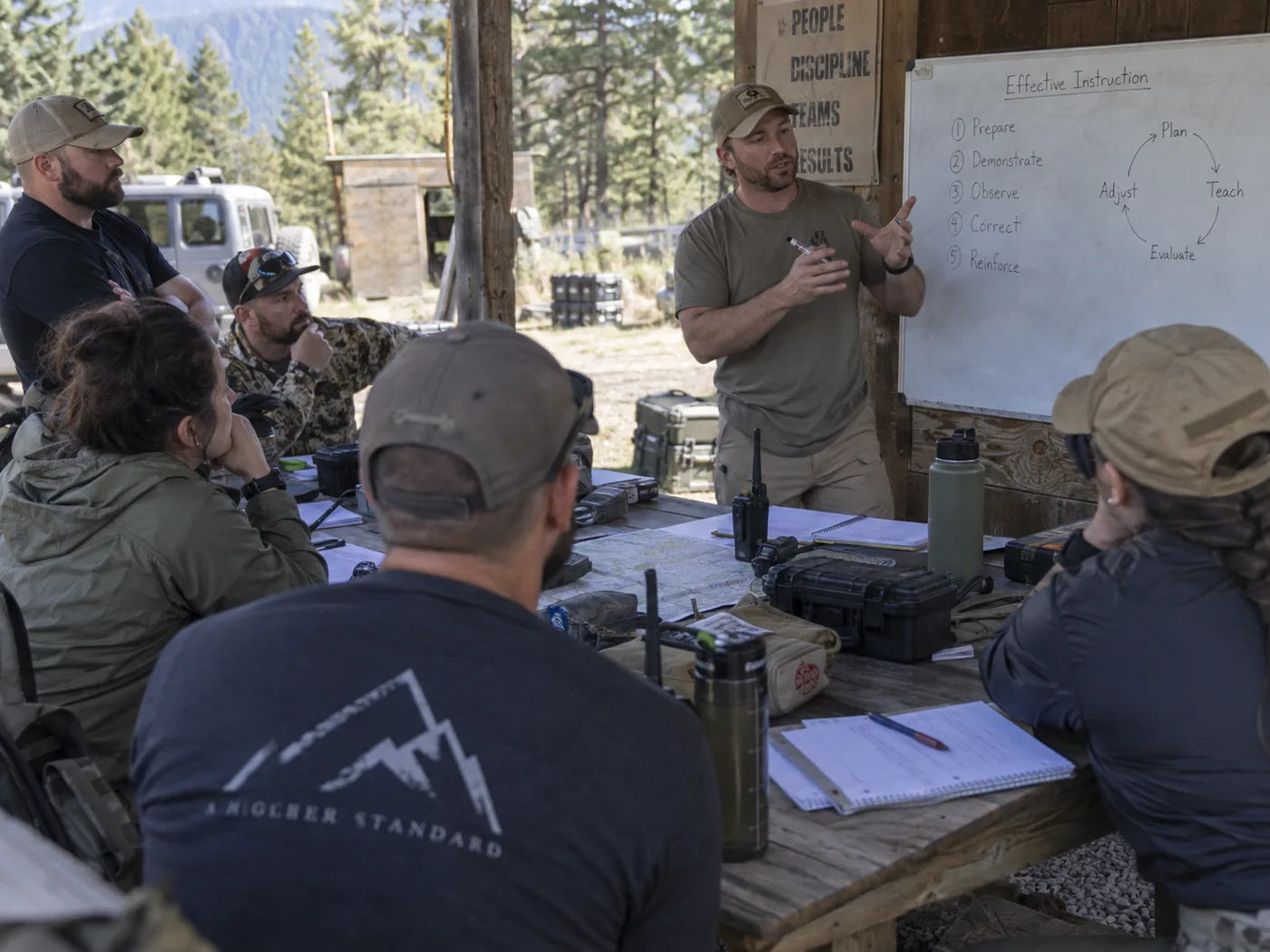 Instructor briefing students at a whiteboard in the field