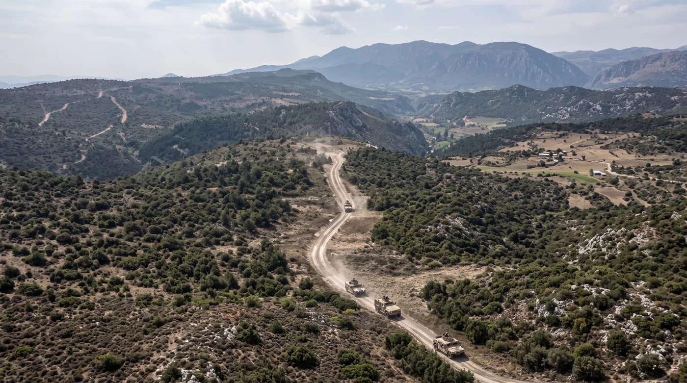 Vehicle convoy moving along a mountain road