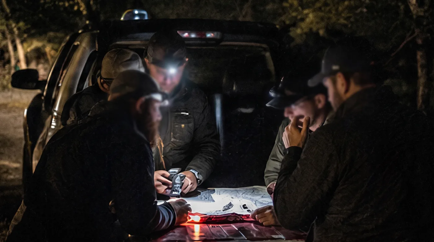 Team planning over a map by headlamp at night