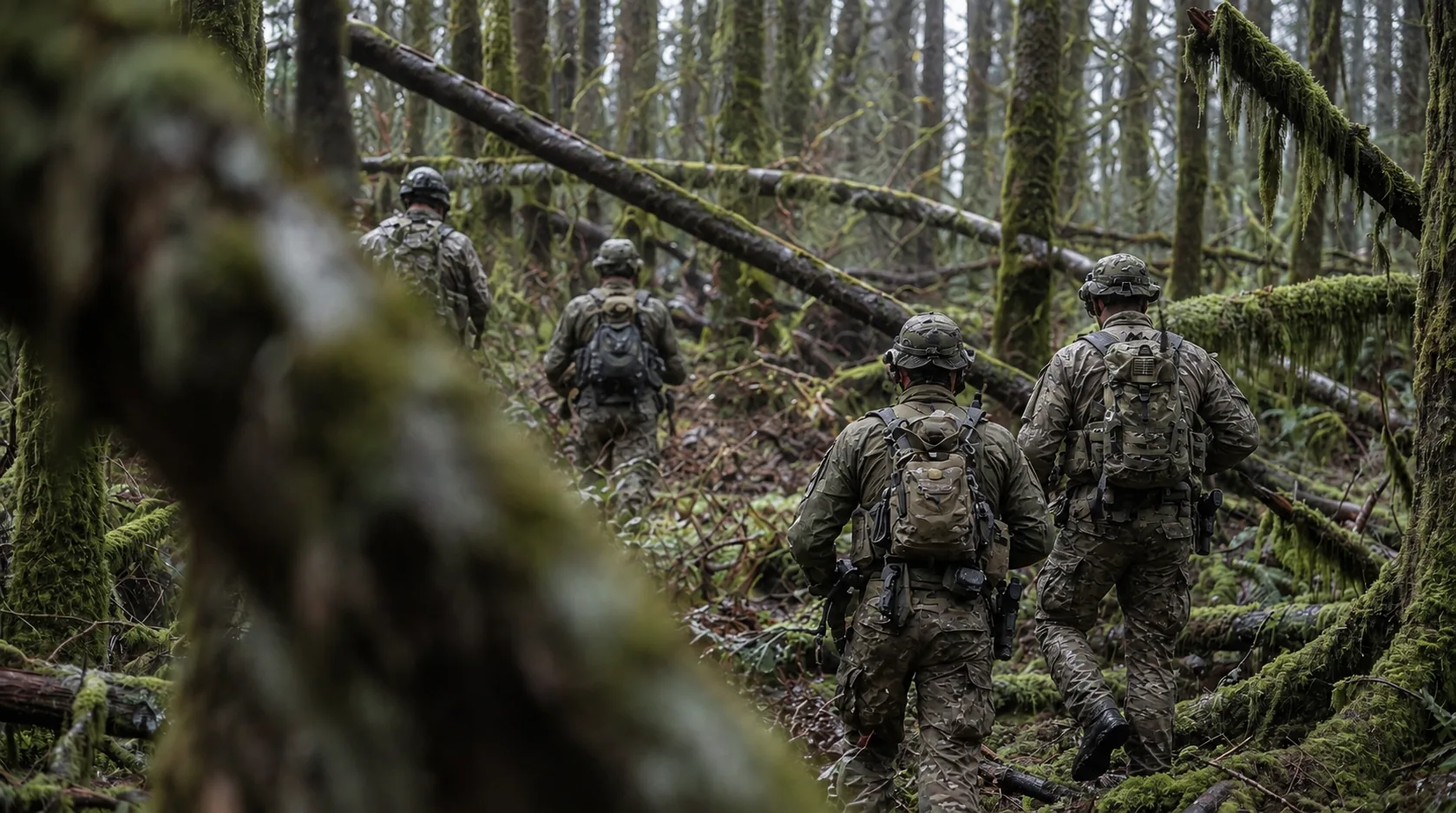 Team patrolling in file through dense timber